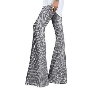 NWOT Women's Silver Sequin Palazzo Pants High Waist Bell Bottom Flare Medium